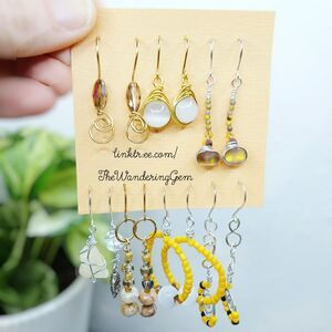 2/$50 - 7 Piece Yellow Tone Beaded Dangle Earring Set, Gemstone Boho Fairy Core